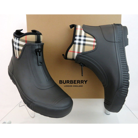 BURBERRY FLINTON BLACK RUBBER BEIGE CHECK SOCK LOGO ANKLE RAIN BOOTS US 11 EU 41 - Picture 1 of 14